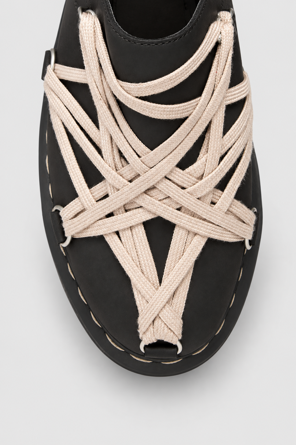 Rick Owens x Dr. Martens Quad Sole Megalace Mule in black nubuck leather with pearl Megalace lacing and Quad sole