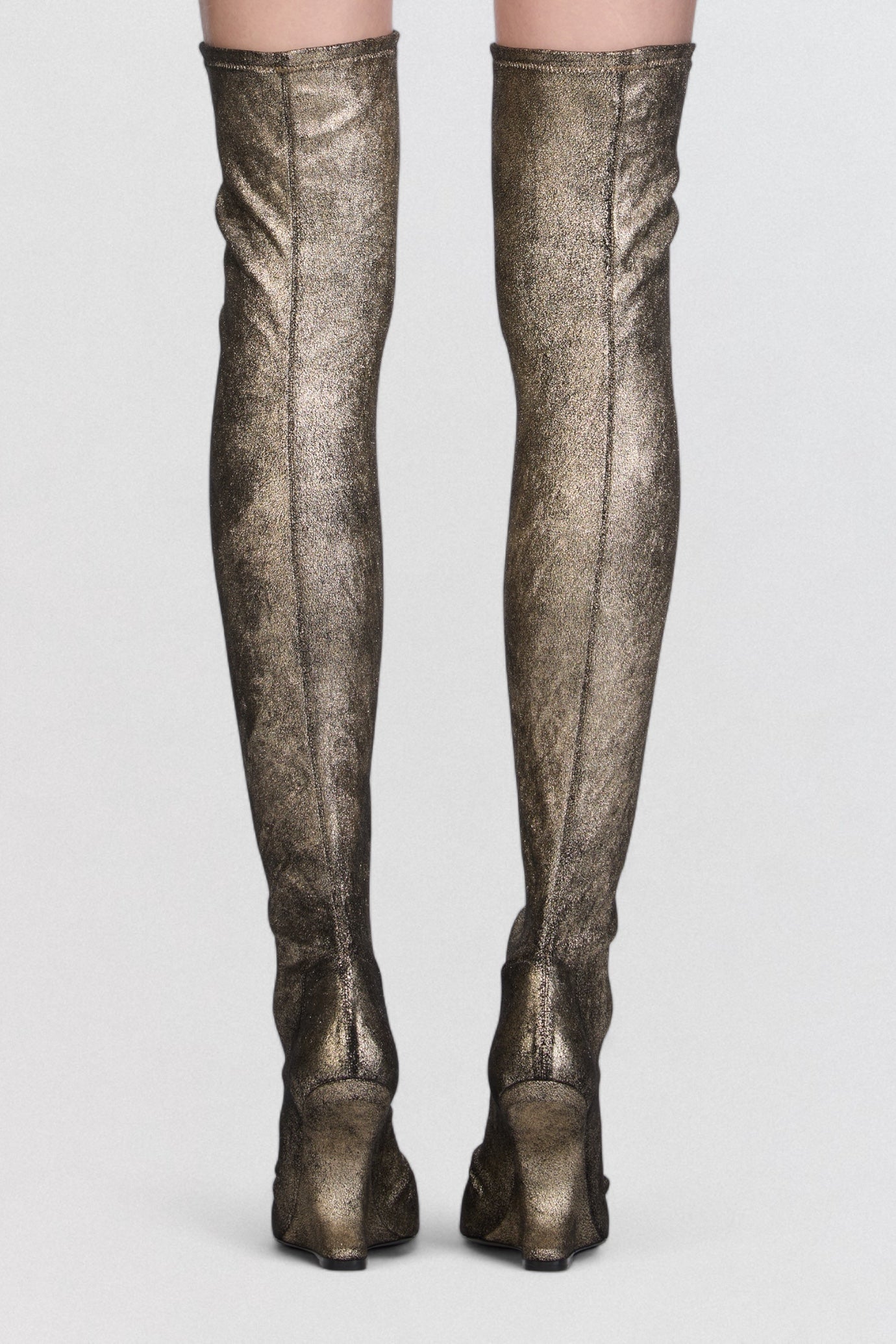 Rick Owens Cantilever 11 Boots in metallic leather with knee high sculptural silhouette