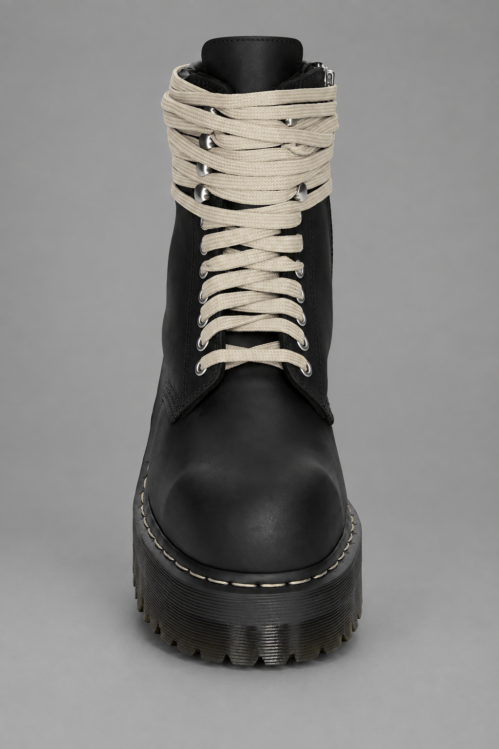 Rick Owens x Dr. Martens Quad Sole Steel Toe Boot in black nubuck leather with pearl lacing, steel toe cap, and Quad sole