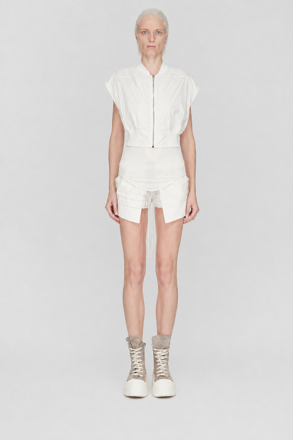 Rick Owens DRKSHDW Tatlin Bomber in cream woven fabric with sleeveless bomber construction