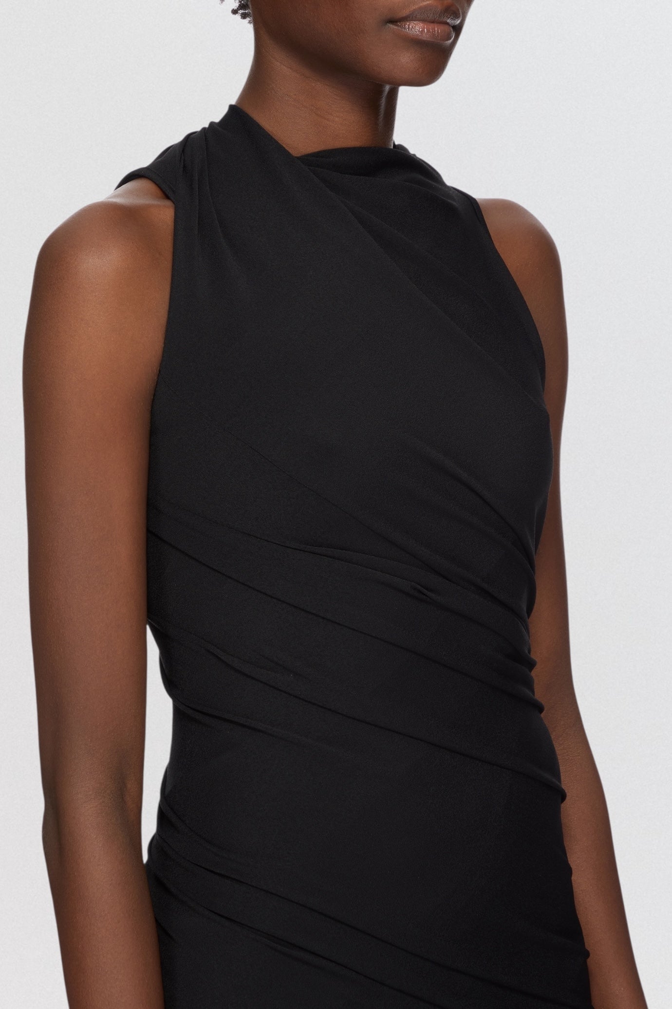 Rick Owens Lilies Abito Luna Dress in black stretch jersey with high neck draped construction
