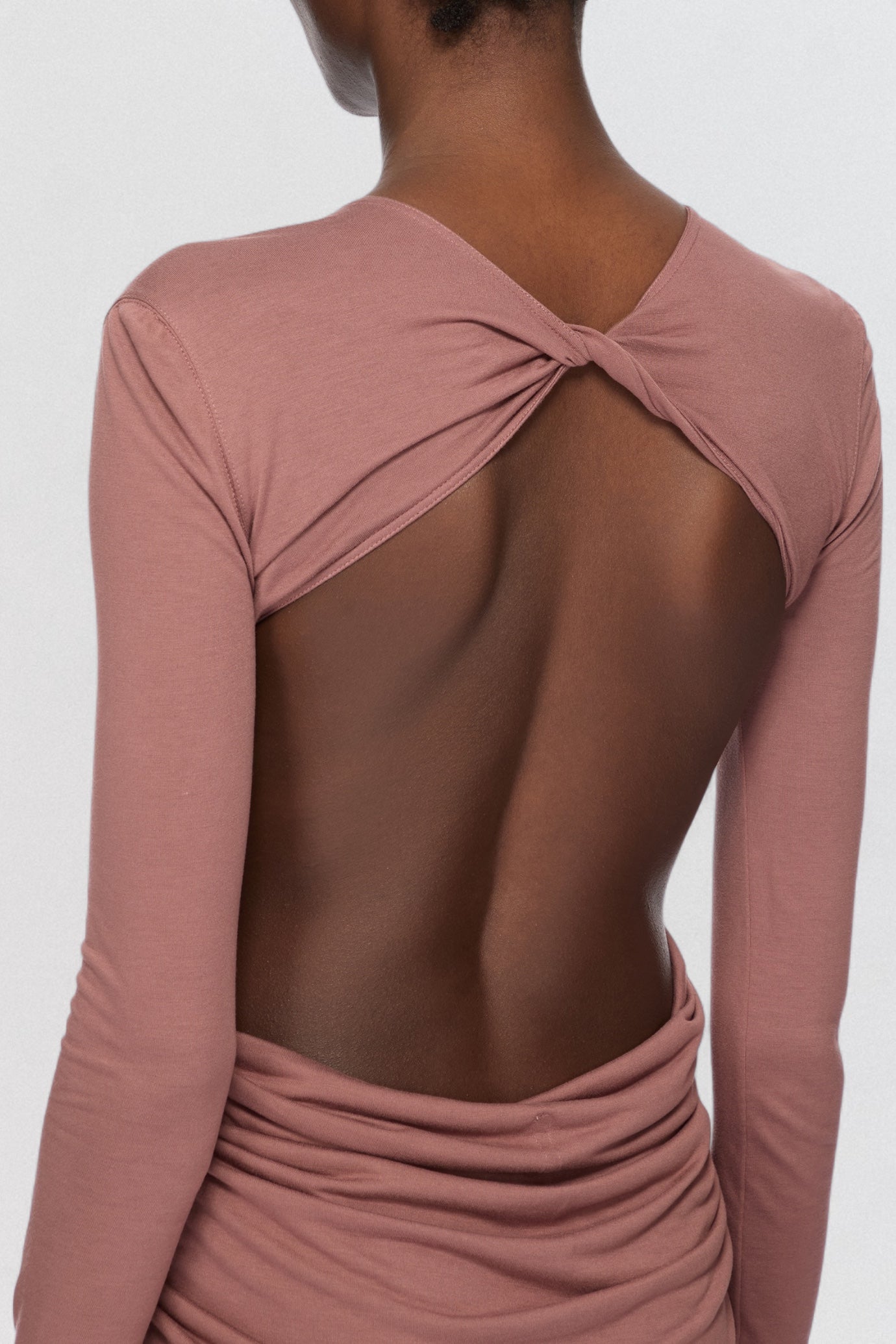 Rick Owens Lilies Abito Poppy Long Sleeve Gown in dusty rose jersey with long sleeve draped shape