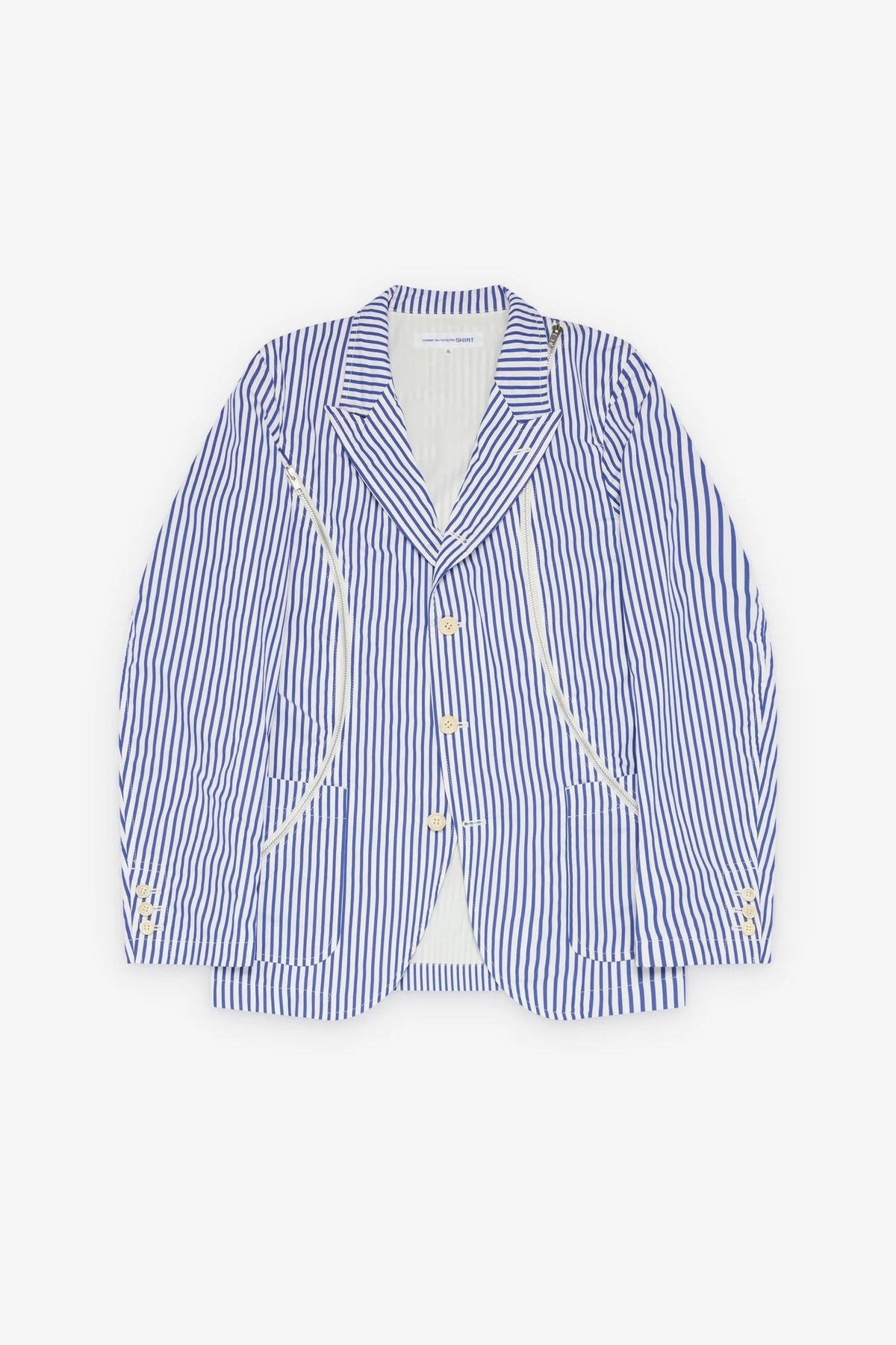 CDG Shirt Men's Striped Zip Blazer in white blue cotton with striped pattern and adjustable zipper details