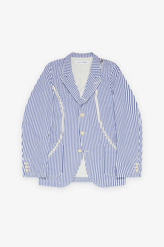 CDG Shirt Men's Striped Zip Blazer in white blue cotton with striped pattern and adjustable zipper details