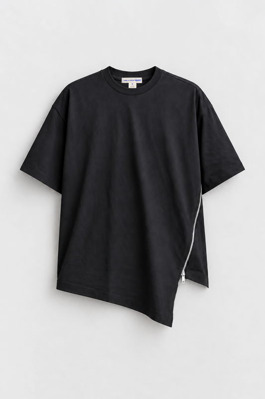 Comme des Garçons Shirt Black Zip Tee in black cotton with short sleeves, asymmetric hem, and curved side zip detail