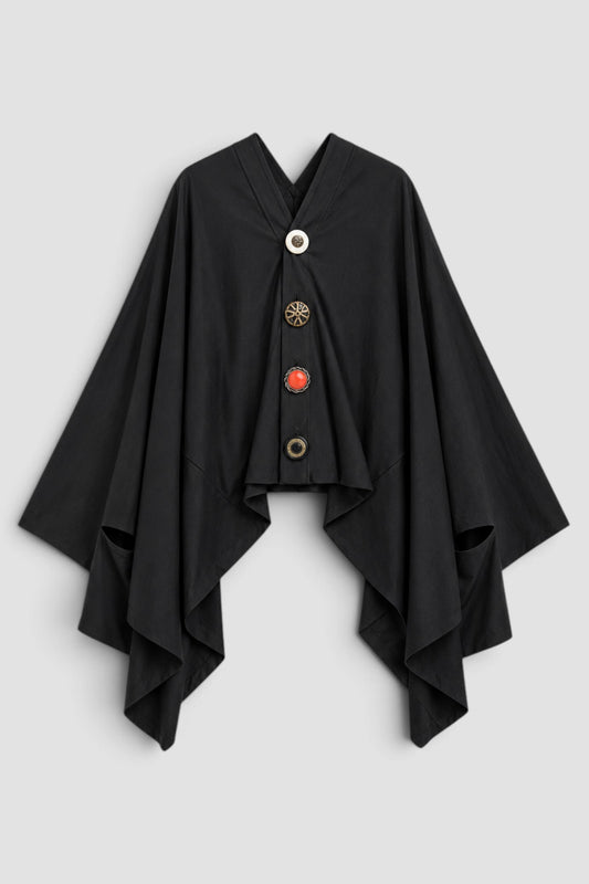 Button Up Cape Style Cardigan Black