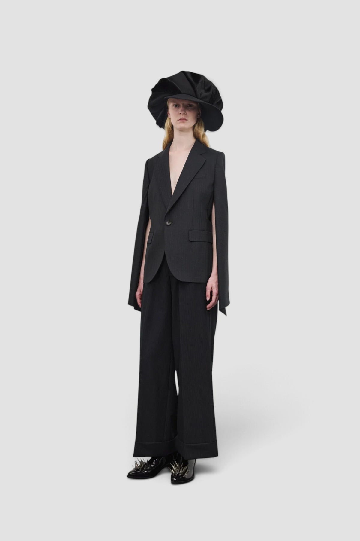 Women's Cut Out Sleeve Blazer in Charcoal Pin Stripe wool blend with tailored fit and asymmetric cut hem