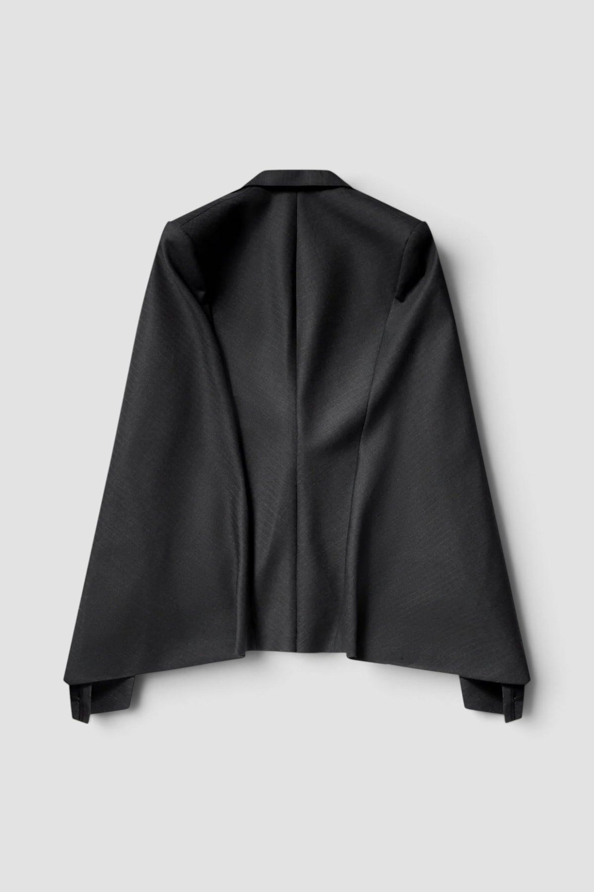 Women's Cut Out Sleeve Blazer in Charcoal Pin Stripe wool blend with tailored fit and asymmetric cut hem