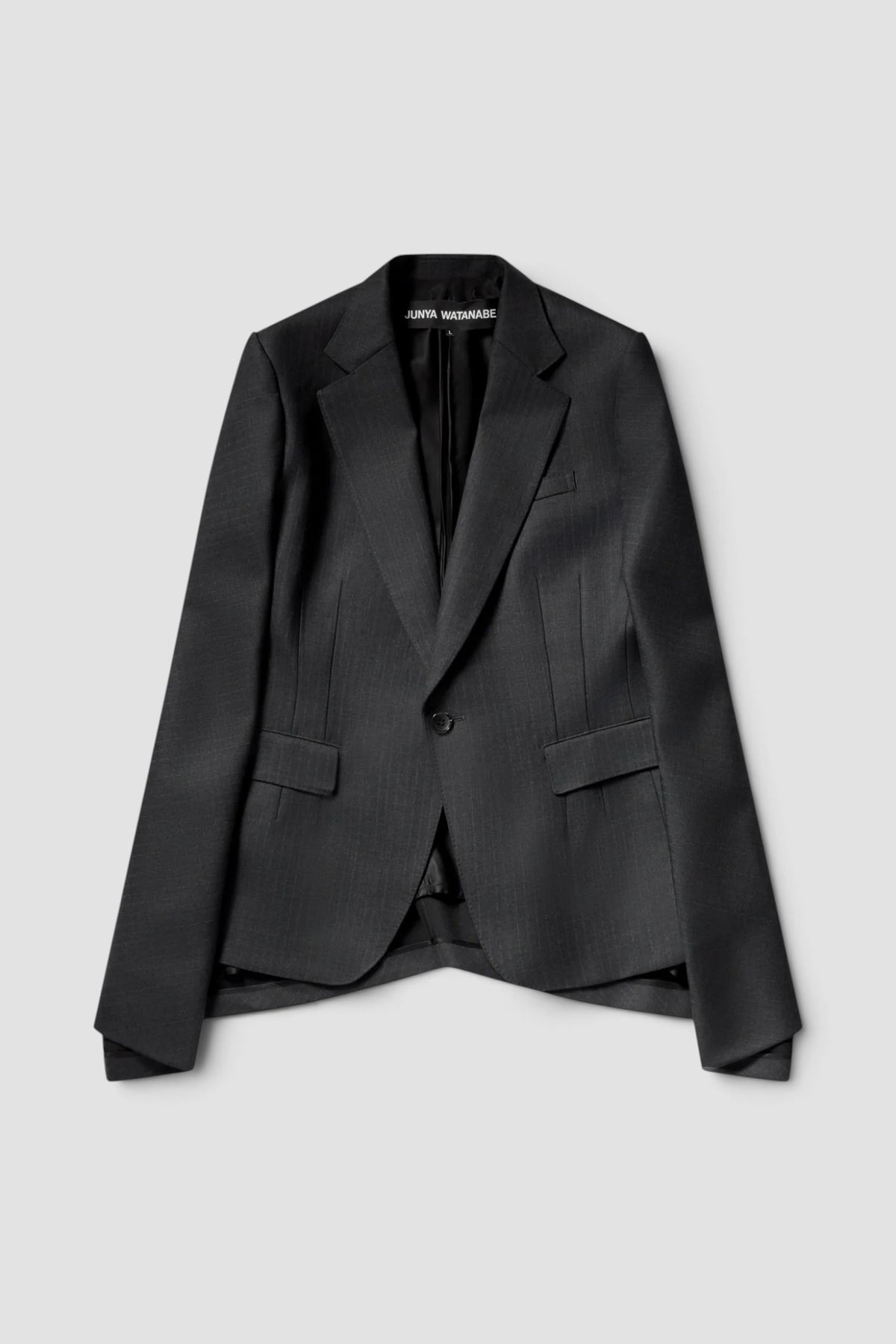 Women's Cut Out Sleeve Blazer in Charcoal Pin Stripe wool blend with tailored fit and asymmetric cut hem