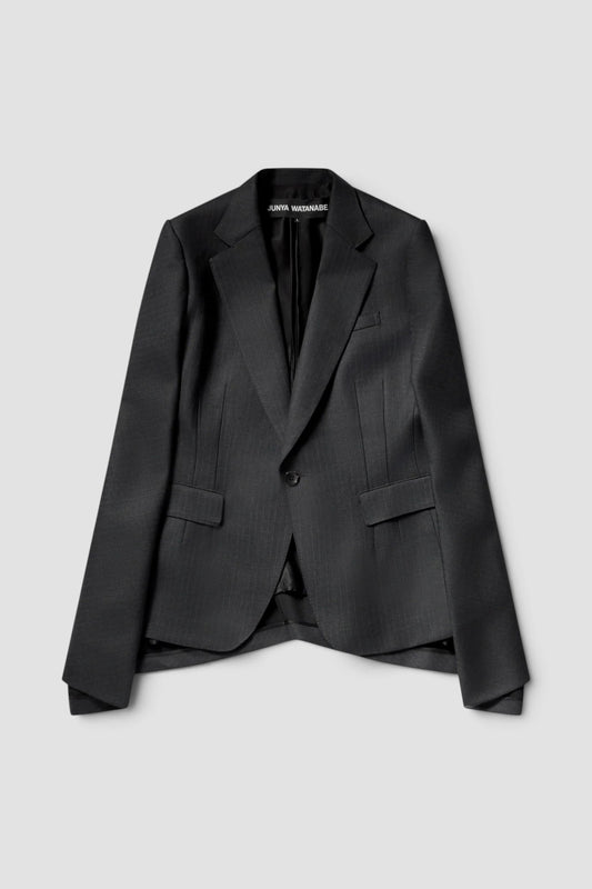 Women's Cut Out Sleeve Blazer in Charcoal Pin Stripe wool blend with tailored fit and asymmetric cut hem