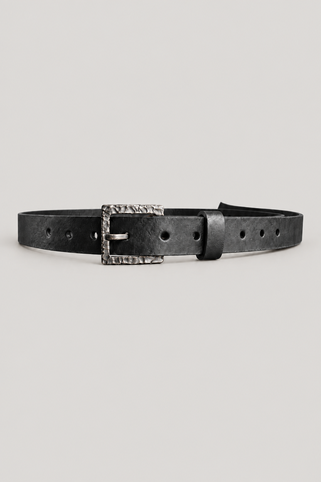 NUTSA NM06B Belt in black vegetable tanned calf leather with custom cast oxidized alpaca buckle.