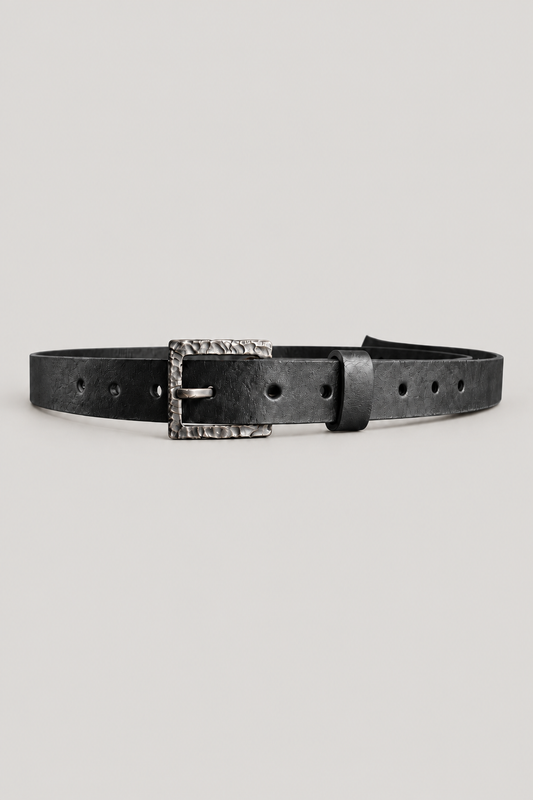 NUTSA NM06B Belt in black vegetable tanned calf leather with custom cast oxidized alpaca buckle.