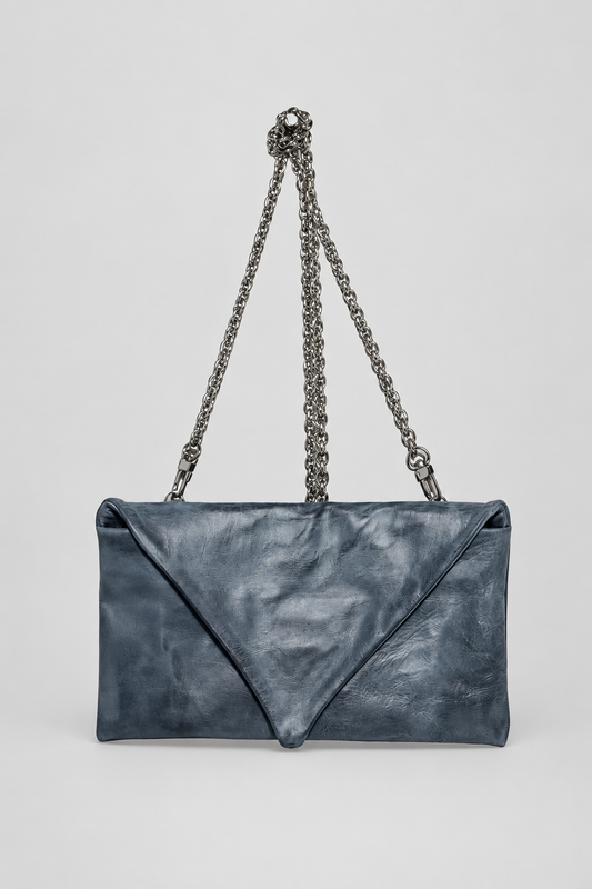 NUTSA NM1098B Crossbody Bag in blue black calf leather with fold over flap, chain strap, and magnetic closure