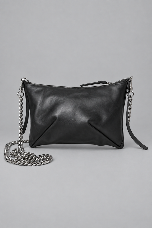 NUTSA NM9104 Leather Charm Pouch in black calf leather with detachable metal chain and zipper closure