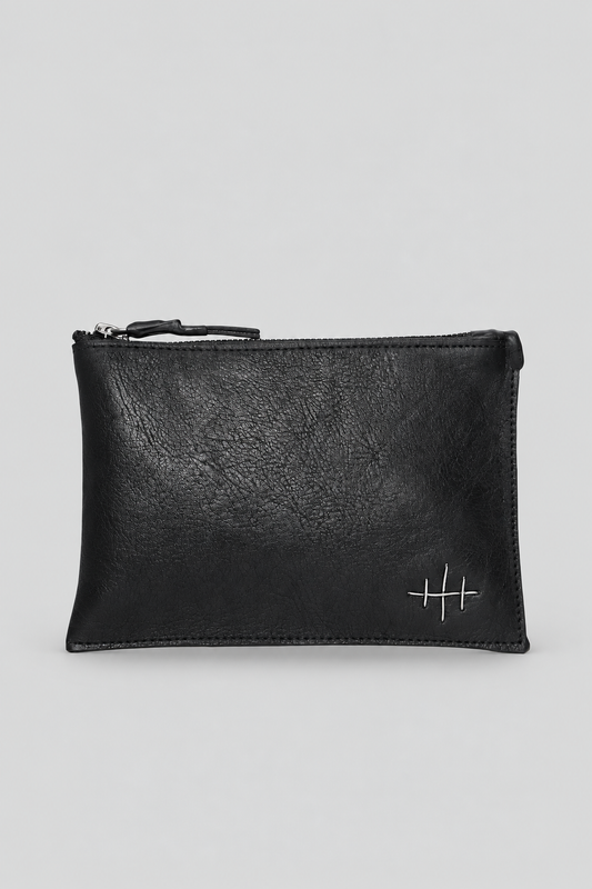NUTSA NM9903 Leather Pouch in black calf leather with YKK zipper closure, fixed leather handle, and hand finished metal hardware