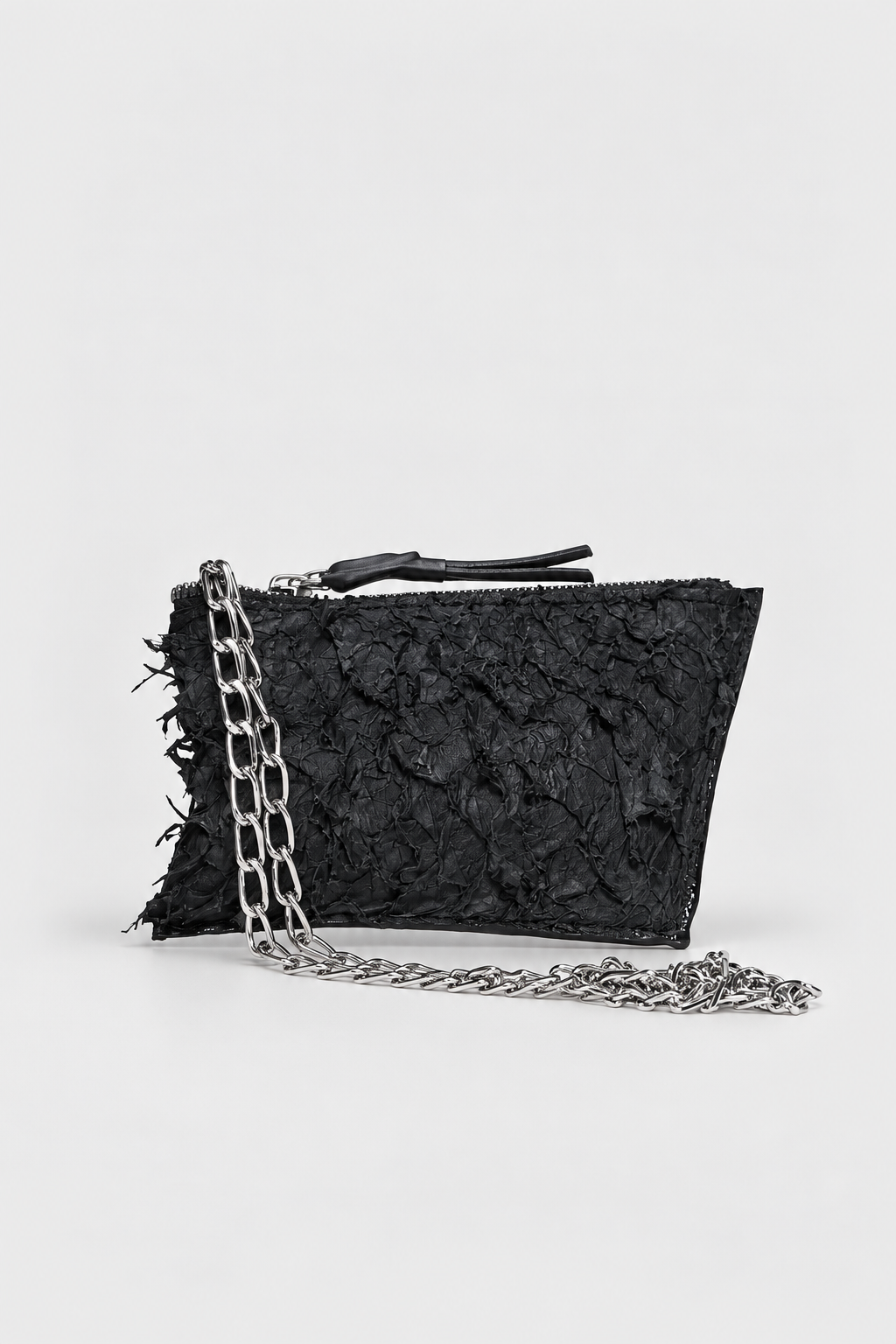 NUTSA NM9906 Leather Charm Pouch in black barracuda leather with detachable metal chain and YKK zipper closure