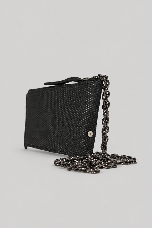 NUTSA NM9910 Leather Charm Pouch in black monitor lizard leather with detachable metal chain and YKK zipper closure