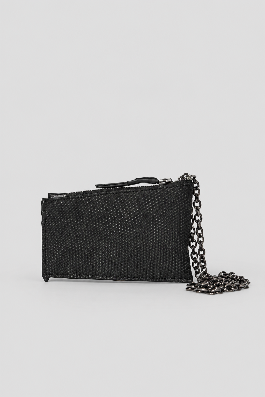 NUTSA NM9910 Leather Charm Pouch in black monitor lizard leather with detachable metal chain and YKK zipper closure