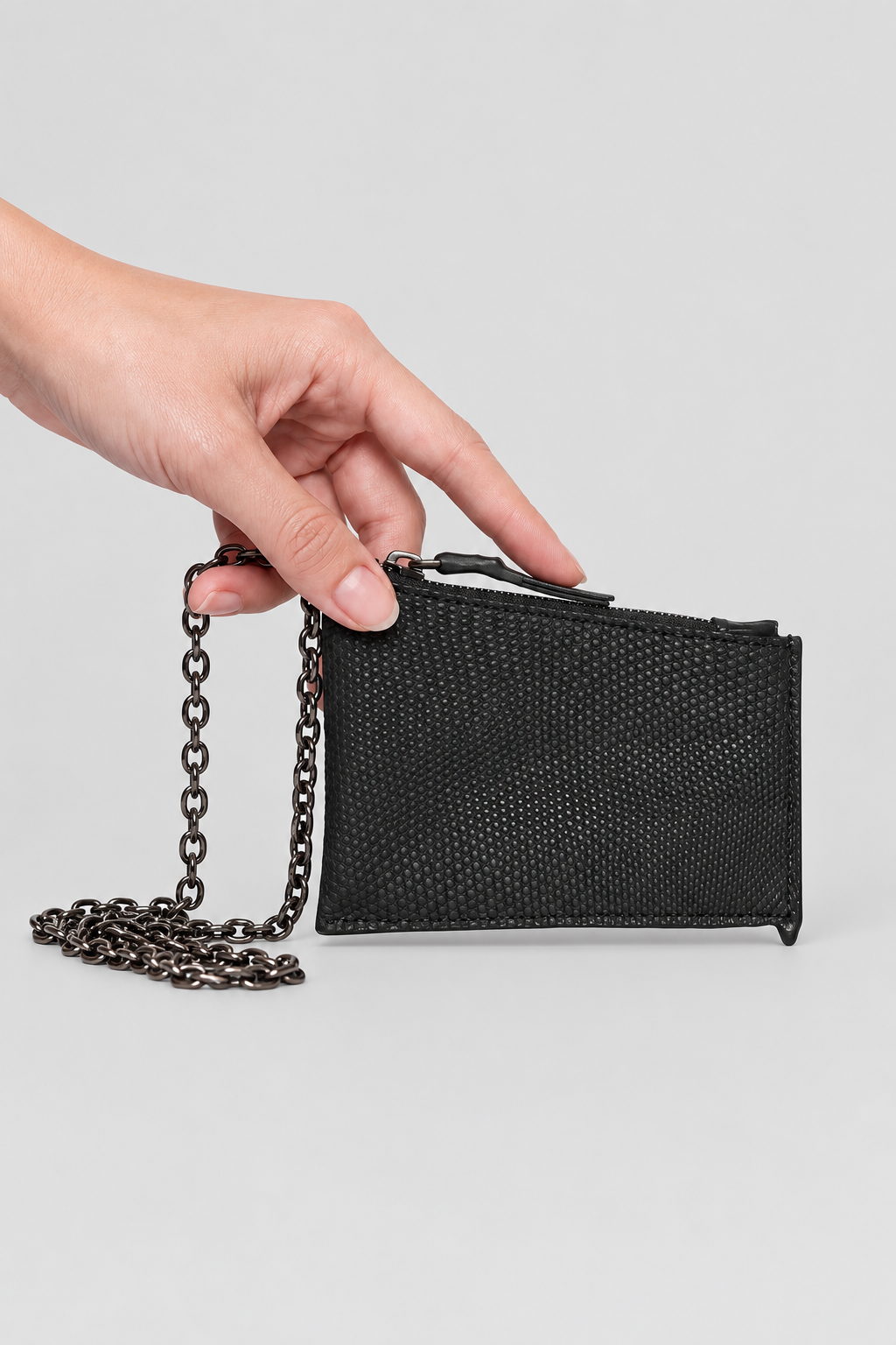 NUTSA NM9910 Leather Charm Pouch in black monitor lizard leather with detachable metal chain and YKK zipper closure