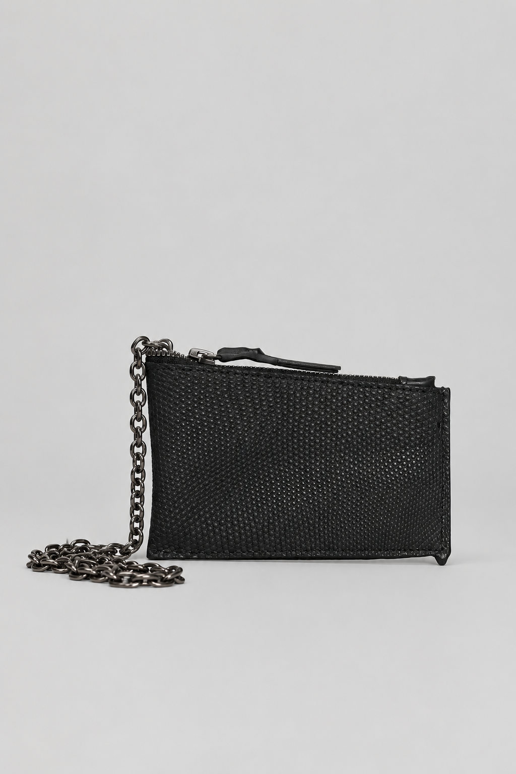 NUTSA NM9910 Leather Charm Pouch in black monitor lizard leather with detachable metal chain and YKK zipper closure
