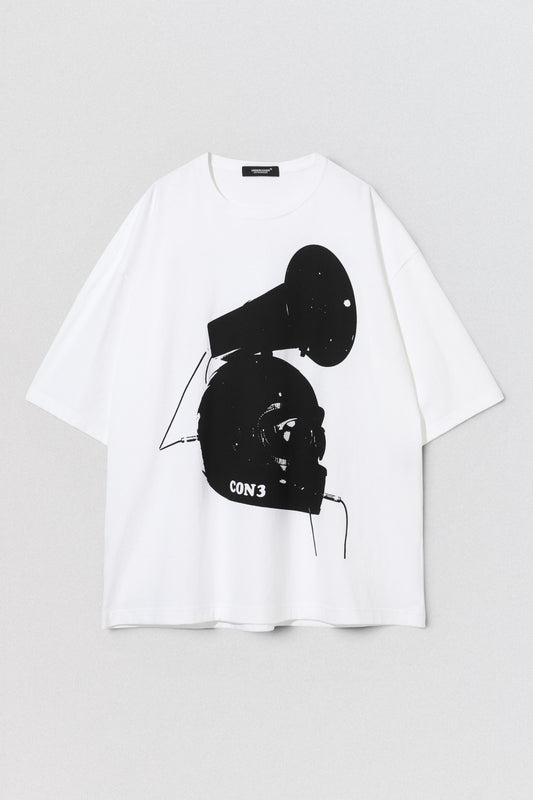 Undercover AW25 Conrad Schnitzler White t-shirt with black graphic design on a gray background