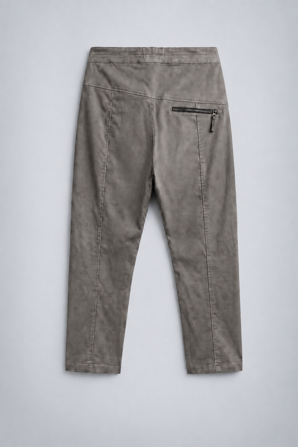 DESU Zipper Pocket Pants in grey cotton with drawstring belt, side zip pockets, and utility stitch detailing