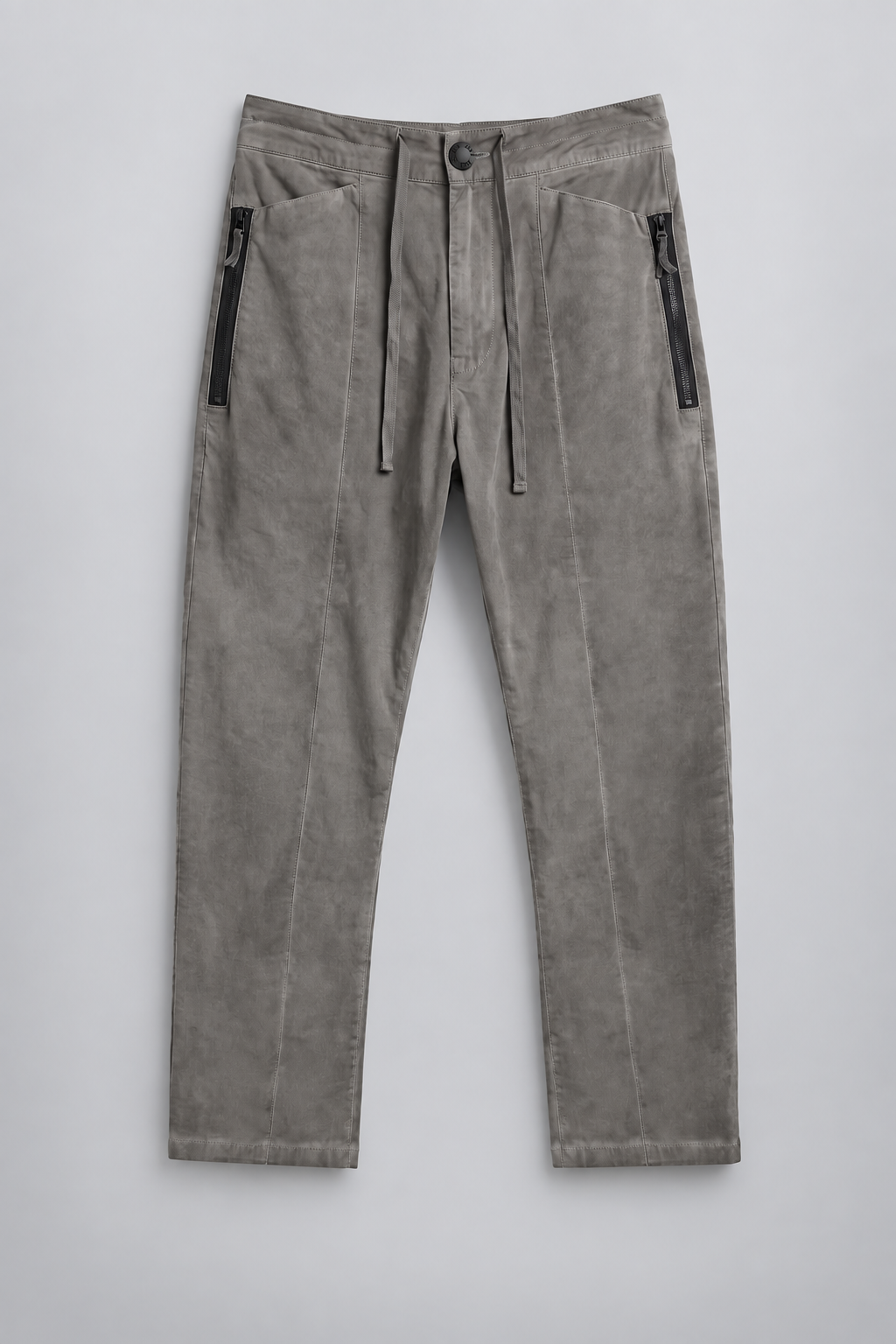 DESU Zipper Pocket Pants in grey cotton with drawstring belt, side zip pockets, and utility stitch detailing