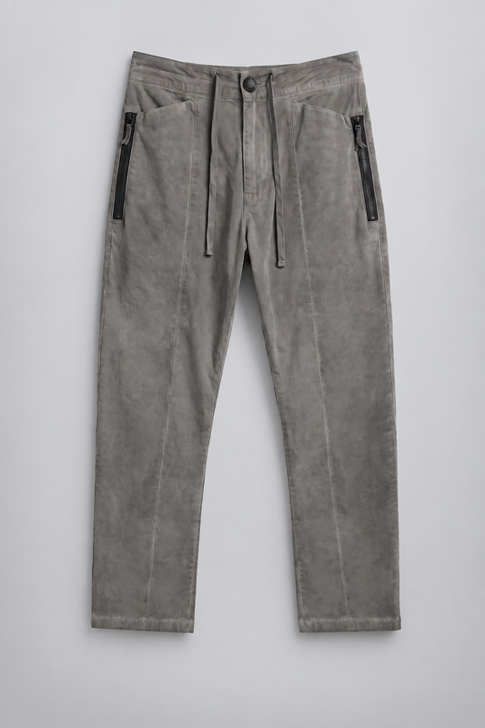 DESU Zipper Pocket Pants in grey cotton with drawstring belt, side zip pockets, and utility stitch detailing