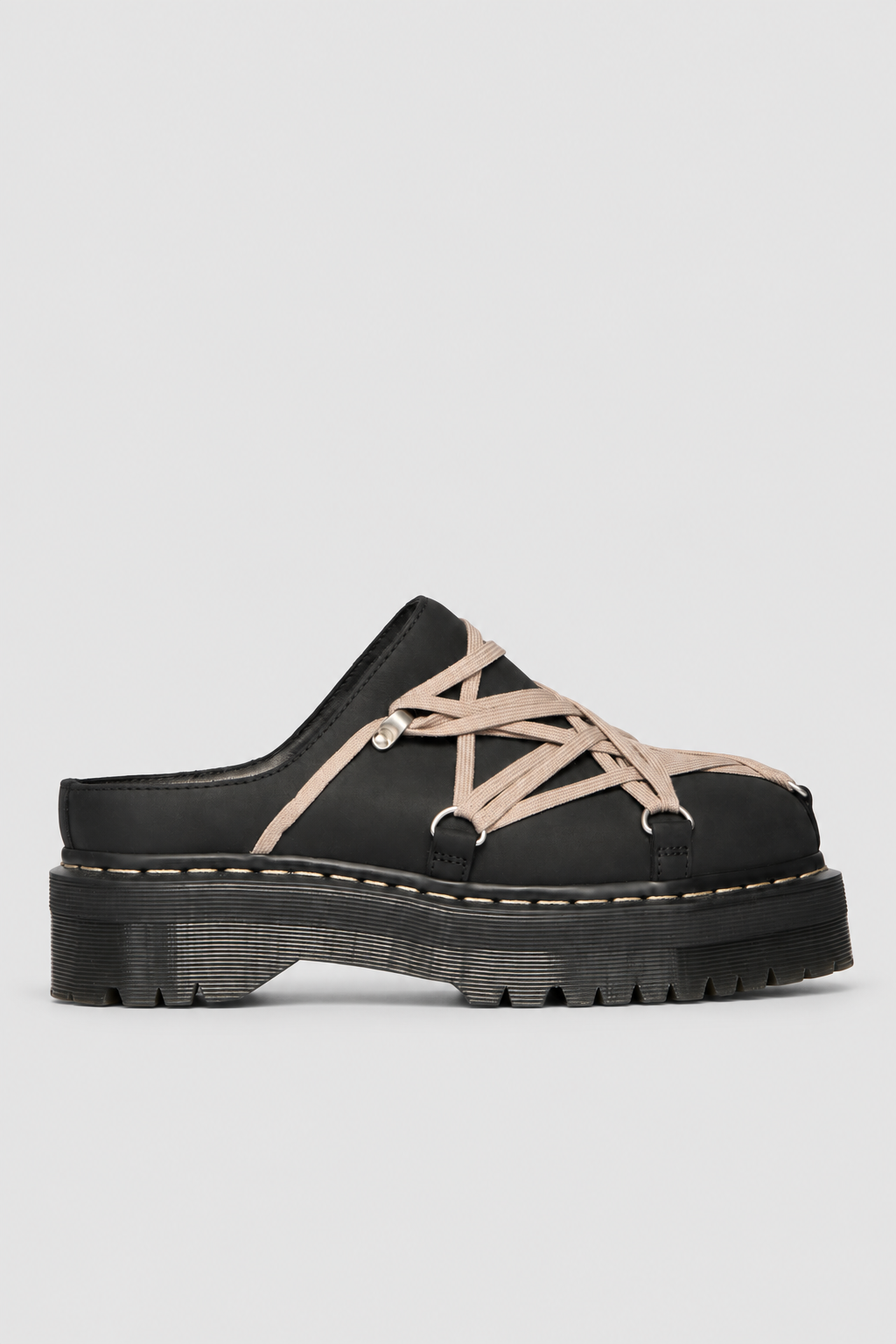 Rick Owens x Dr. Martens Quad Sole Megalace Mule in black nubuck leather with pearl Megalace lacing and Quad sole