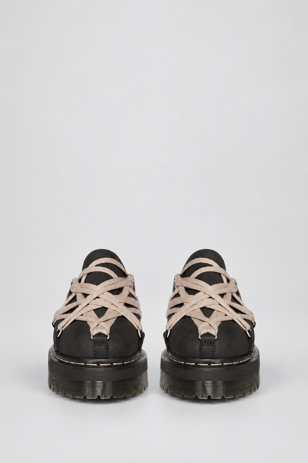 Rick Owens x Dr. Martens Quad Sole Megalace Mule in black nubuck leather with pearl Megalace lacing and Quad sole