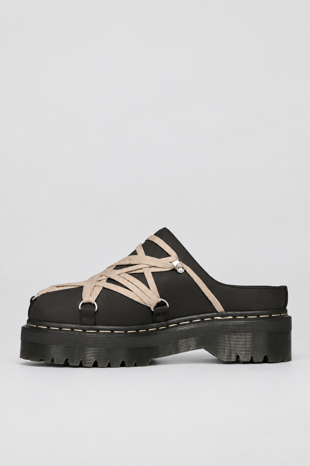 Rick Owens x Dr. Martens Quad Sole Megalace Mule in black nubuck leather with pearl Megalace lacing and Quad sole