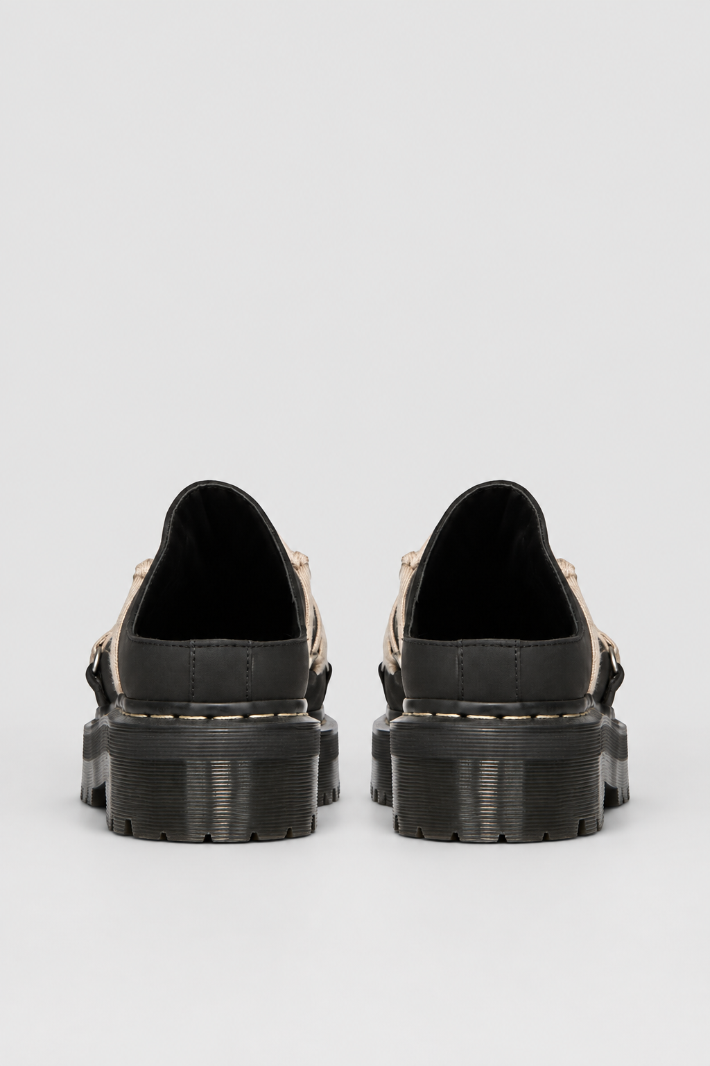 Rick Owens x Dr. Martens Quad Sole Megalace Mule in black nubuck leather with pearl Megalace lacing and Quad sole