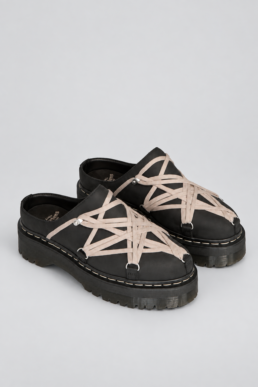 Rick Owens x Dr. Martens Quad Sole Megalace Mule in black nubuck leather with pearl Megalace lacing and Quad sole