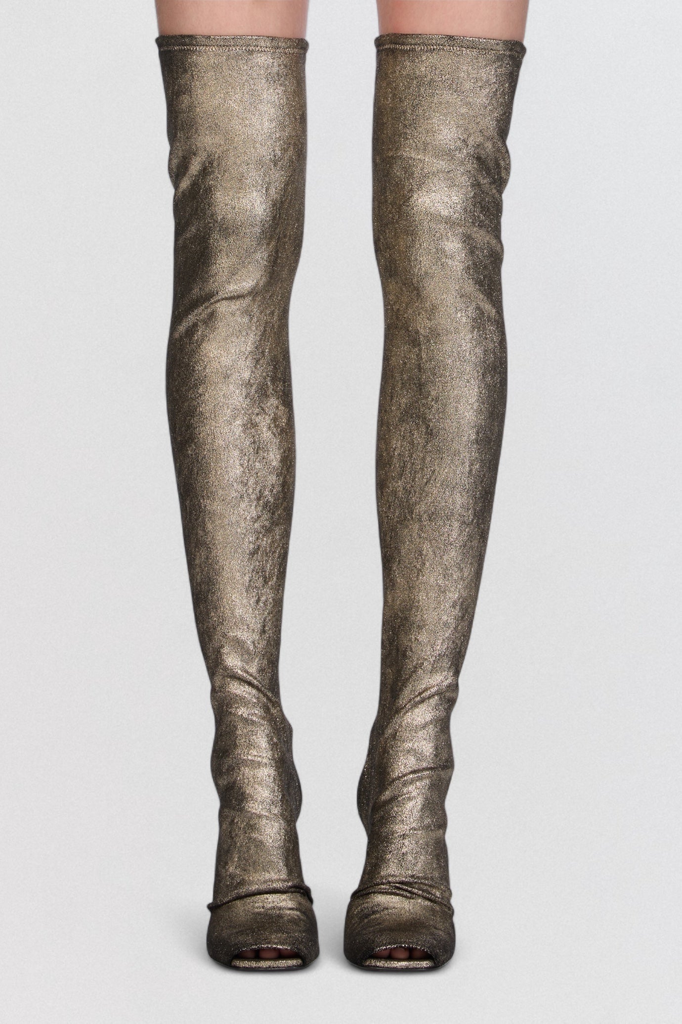 Rick Owens Cantilever 11 Boots in metallic leather with knee high sculptural silhouette
