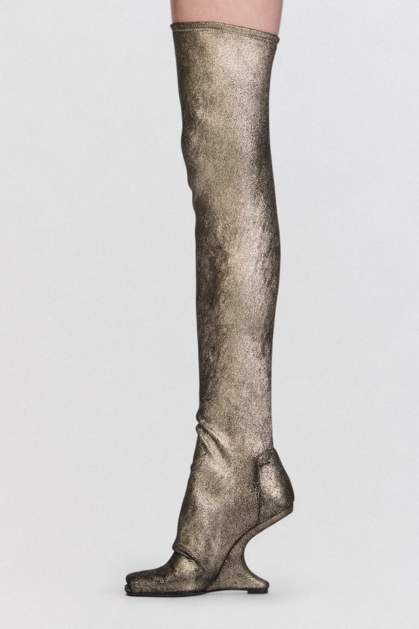 Rick Owens Cantilever 11 Boots in metallic leather with knee high sculptural silhouette