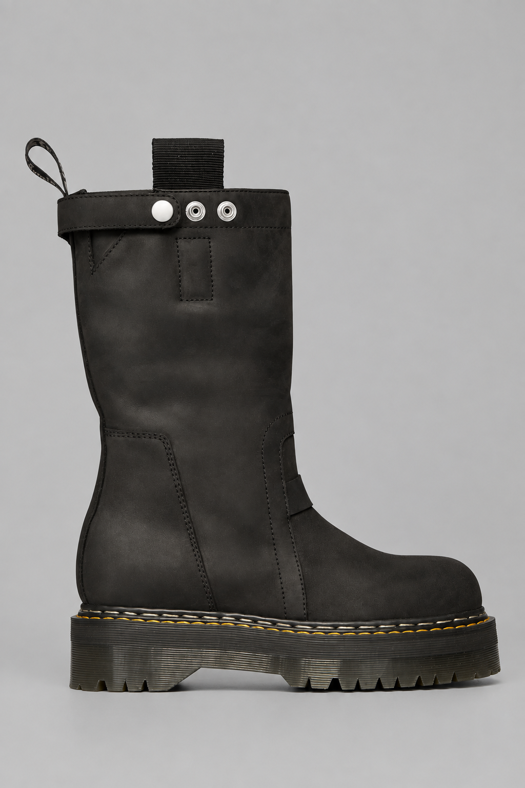 Rick Owens x Dr. Martens Quad Sole Pull On Boot in black nubuck leather with steel toe cap, side zipper, pull tabs, and Quad sole