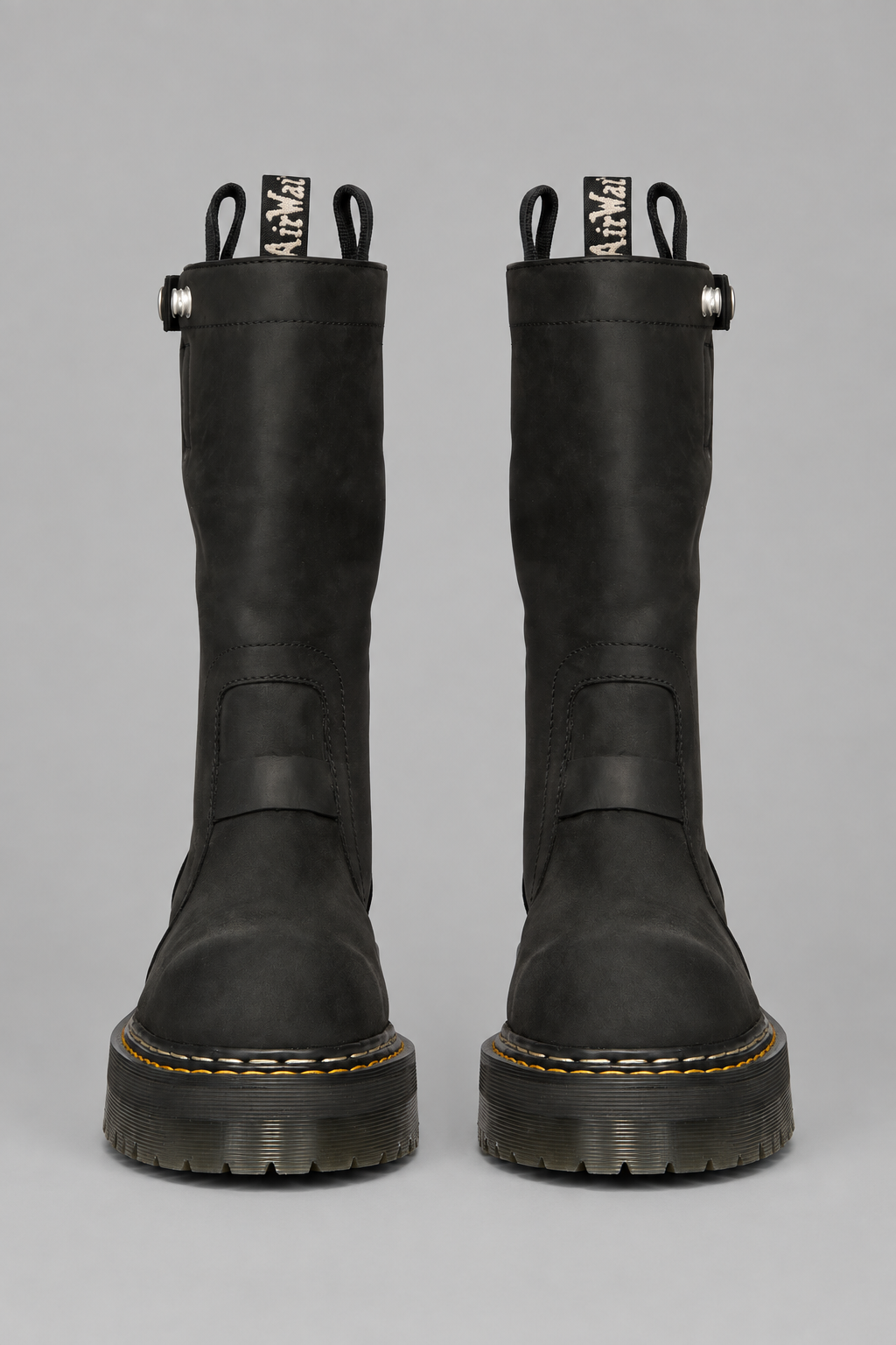 Rick Owens x Dr. Martens Quad Sole Pull On Boot in black nubuck leather with steel toe cap, side zipper, pull tabs, and Quad sole