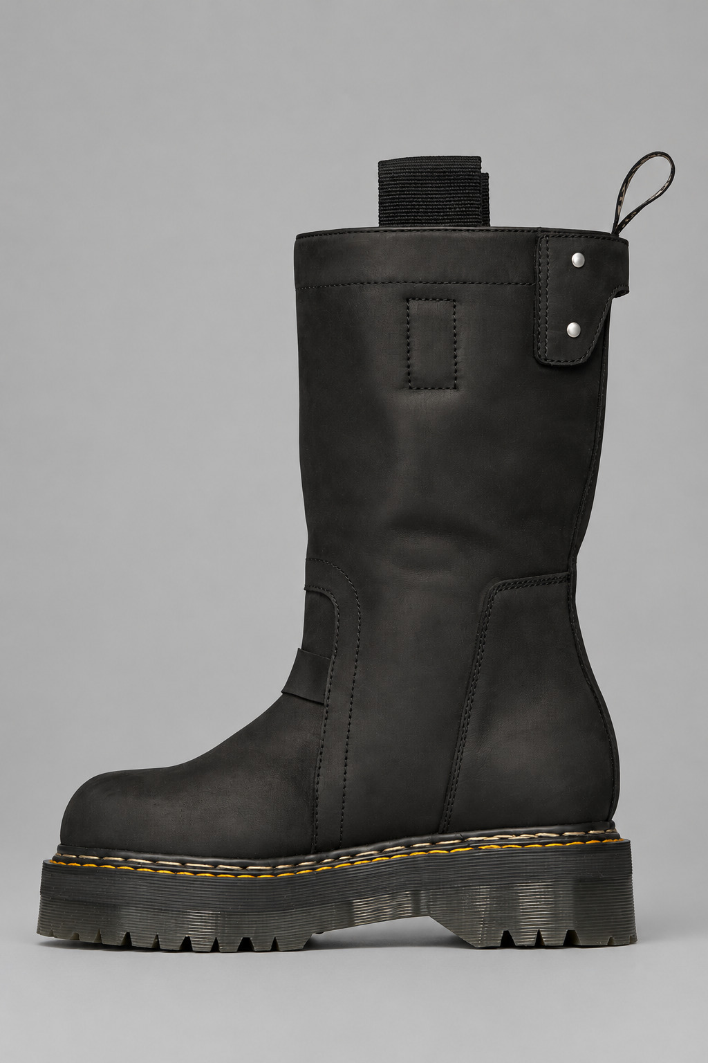 Rick Owens x Dr. Martens Quad Sole Pull On Boot in black nubuck leather with steel toe cap, side zipper, pull tabs, and Quad sole