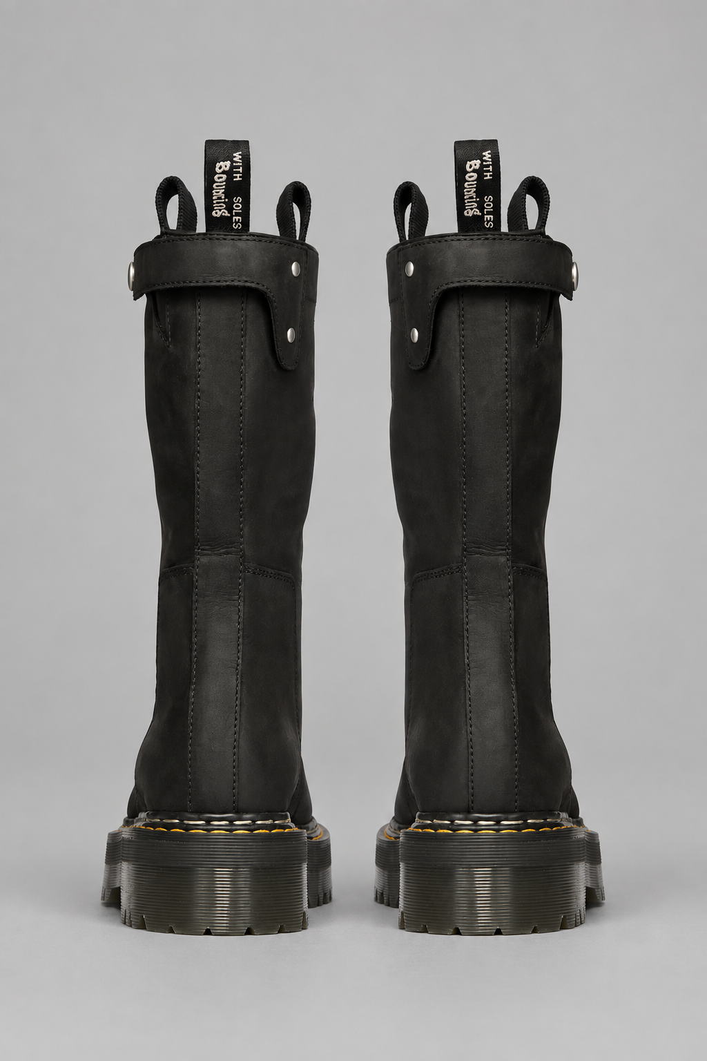 Rick Owens x Dr. Martens Quad Sole Pull On Boot in black nubuck leather with steel toe cap, side zipper, pull tabs, and Quad sole