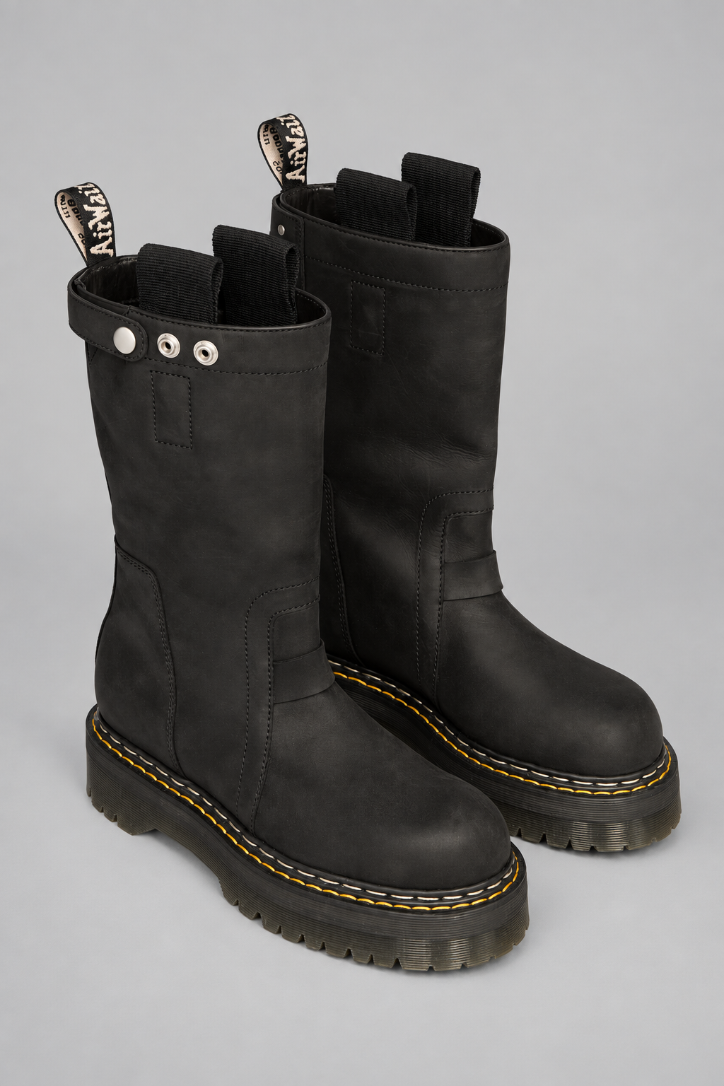 Rick Owens x Dr. Martens Quad Sole Pull On Boot in black nubuck leather with steel toe cap, side zipper, pull tabs, and Quad sole