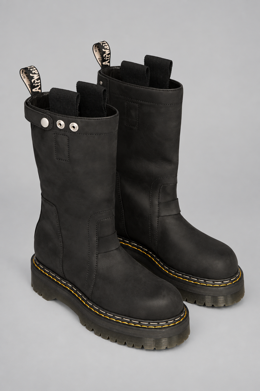 Rick Owens x Dr. Martens Quad Sole Pull On Boot in black nubuck leather with steel toe cap, side zipper, pull tabs, and Quad sole