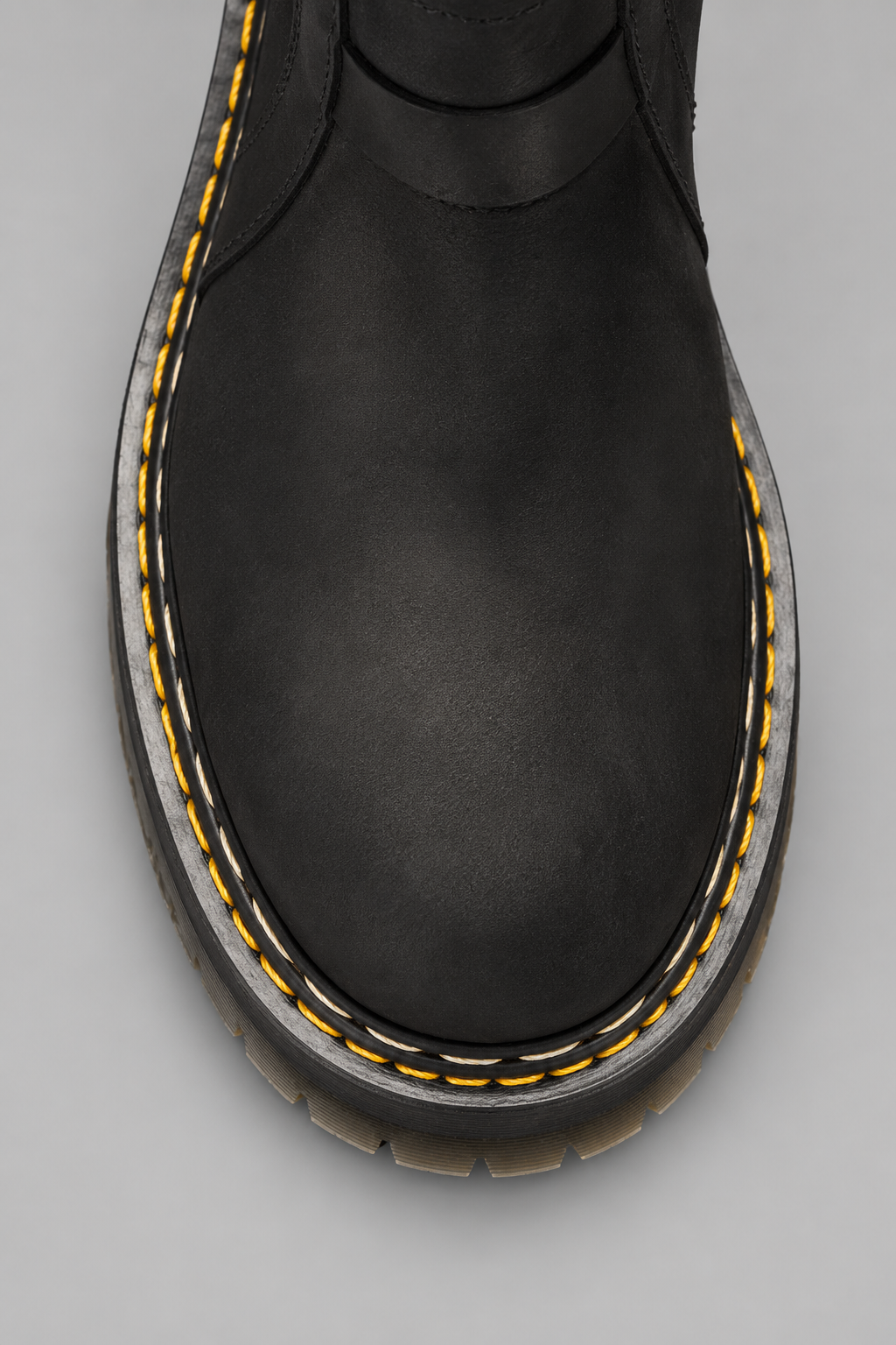 Rick Owens x Dr. Martens Quad Sole Pull On Boot in black nubuck leather with steel toe cap, side zipper, pull tabs, and Quad sole