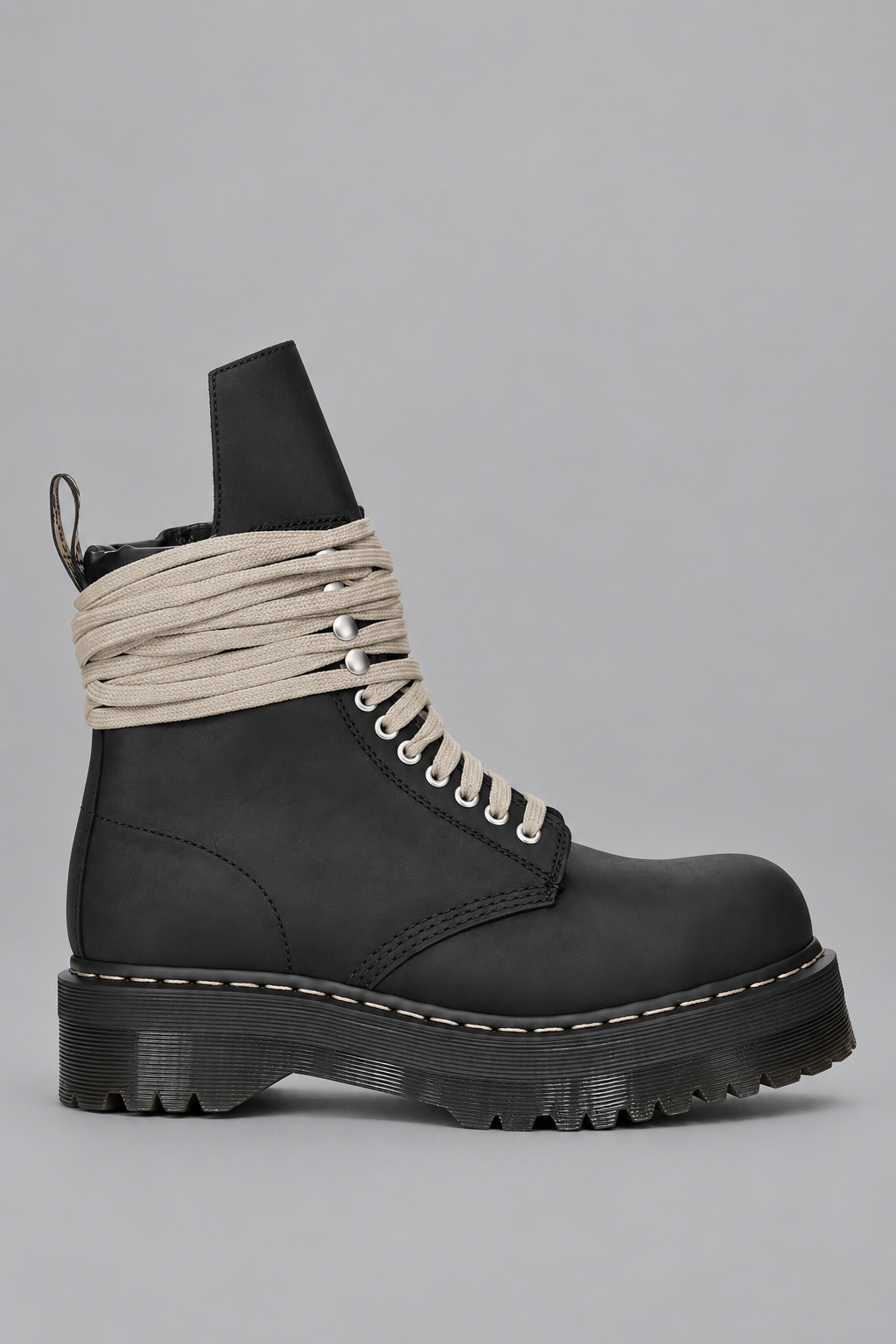 Rick Owens x Dr. Martens Quad Sole Steel Toe Boot in black nubuck leather with pearl lacing, steel toe cap, and Quad sole