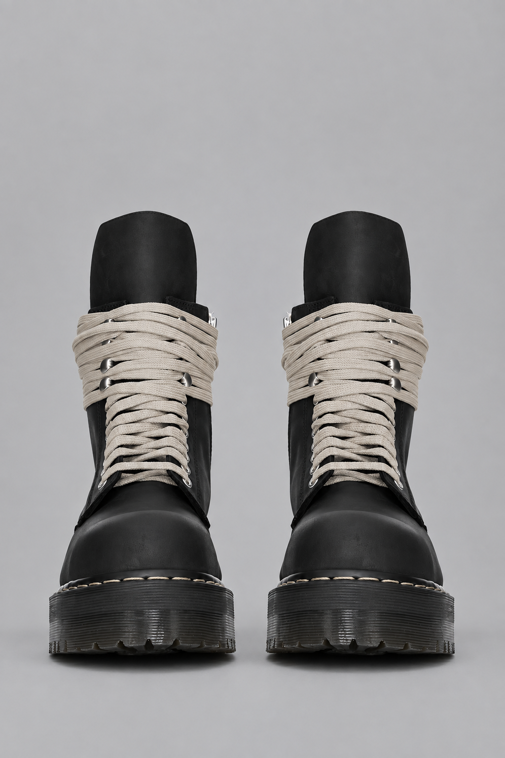 Rick Owens x Dr. Martens Quad Sole Steel Toe Boot in black nubuck leather with pearl lacing, steel toe cap, and Quad sole