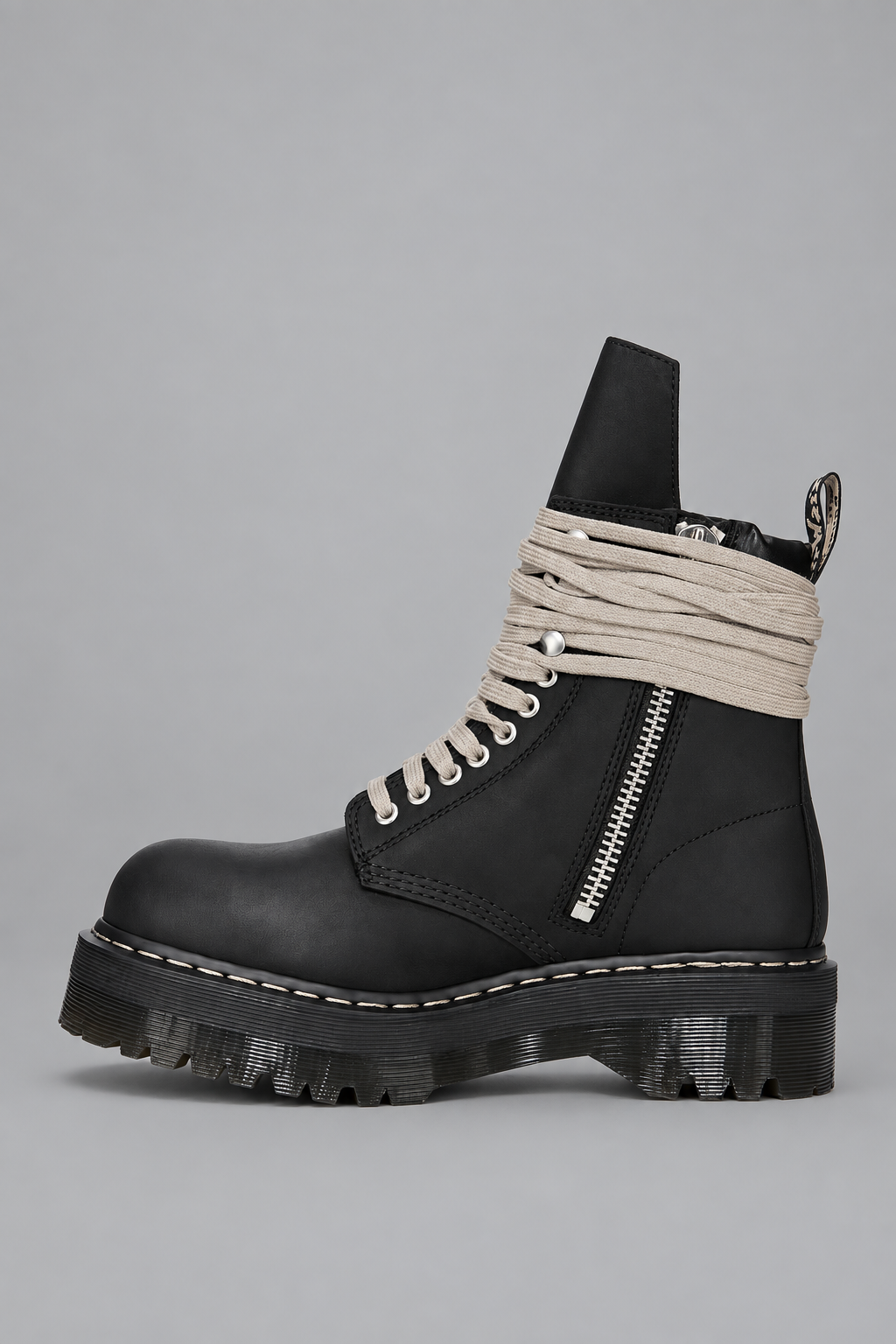 Rick Owens x Dr. Martens Quad Sole Steel Toe Boot in black nubuck leather with pearl lacing, steel toe cap, and Quad sole