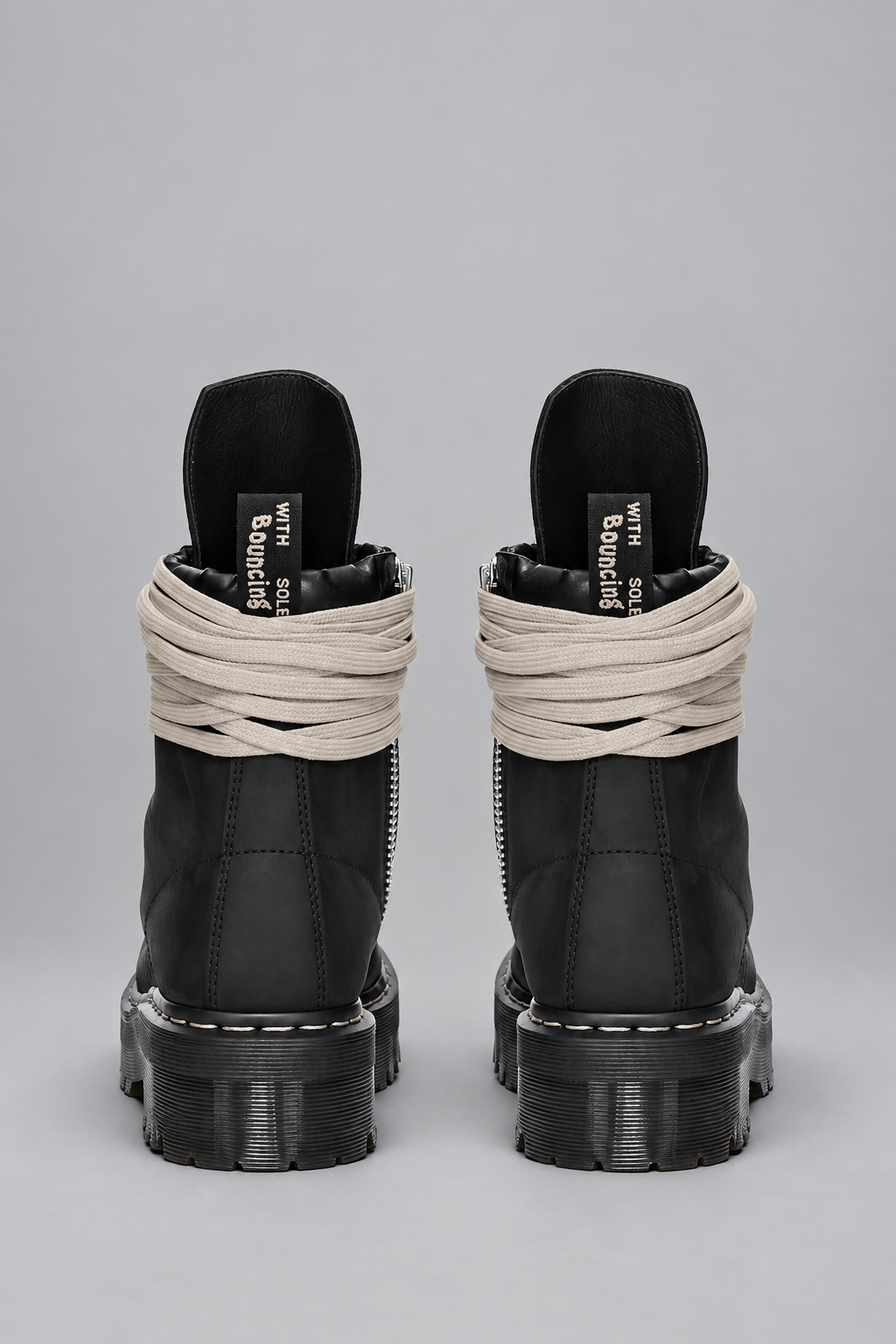 Rick Owens x Dr. Martens Quad Sole Steel Toe Boot in black nubuck leather with pearl lacing, steel toe cap, and Quad sole
