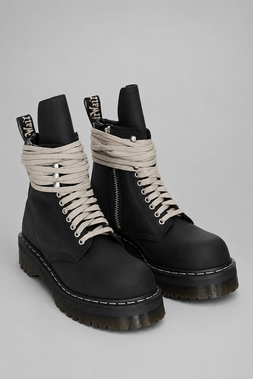 Rick Owens x Dr. Martens Quad Sole Steel Toe Boot in black nubuck leather with pearl lacing, steel toe cap, and Quad sole