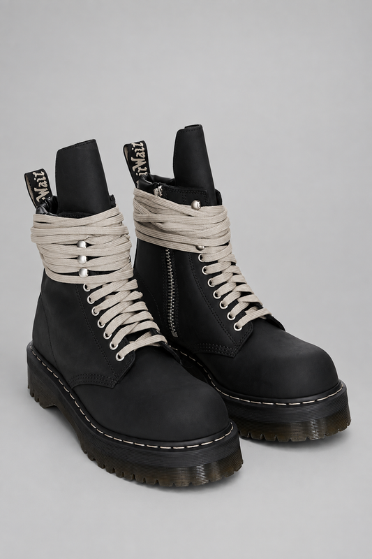 Rick Owens x Dr. Martens Quad Sole Steel Toe Boot in black nubuck leather with pearl lacing, steel toe cap, and Quad sole