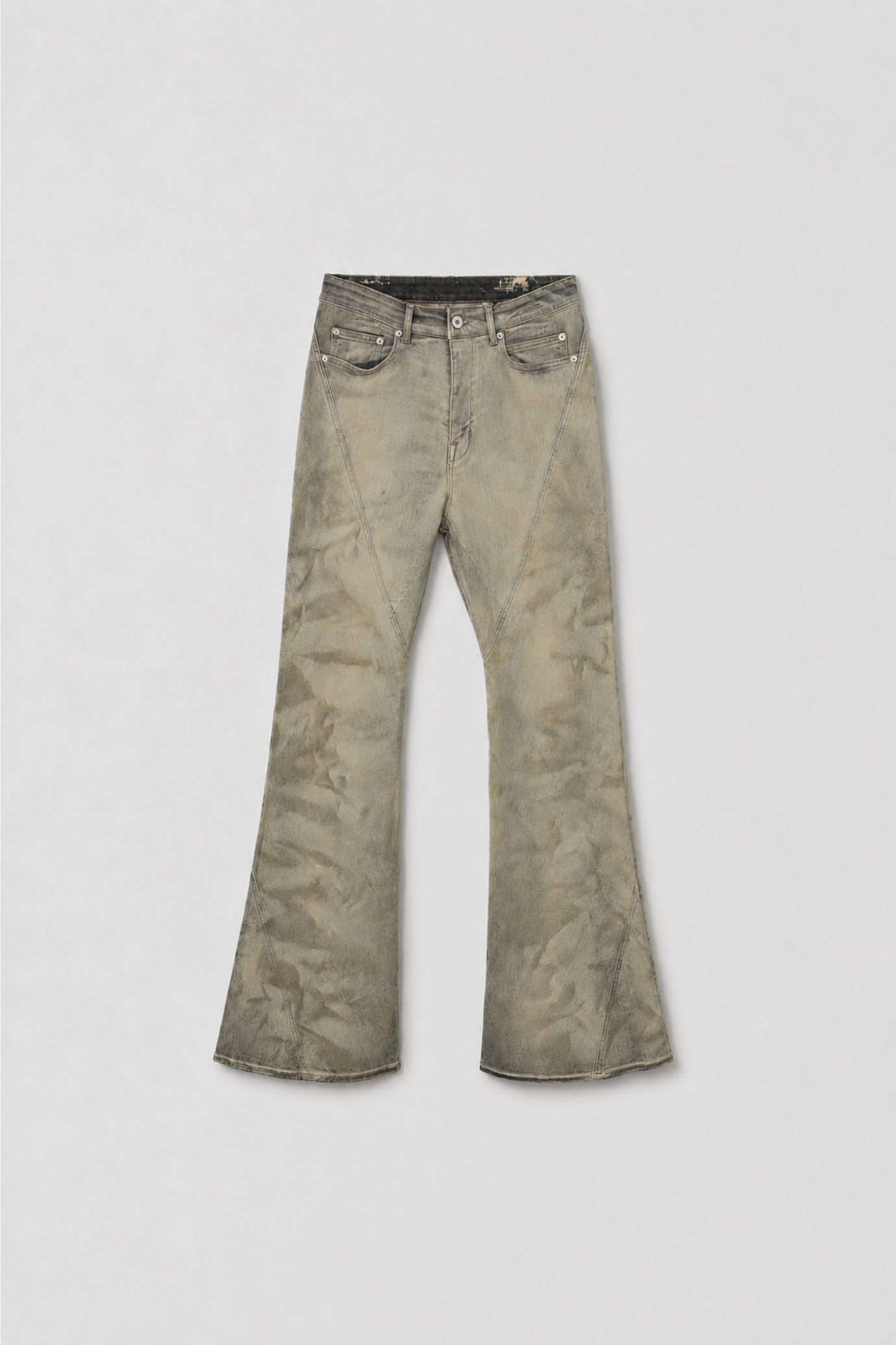 Rick Owens DRKSHDW Bias Bootcut Denim Pants in dust washed denim with bootcut silhouette
