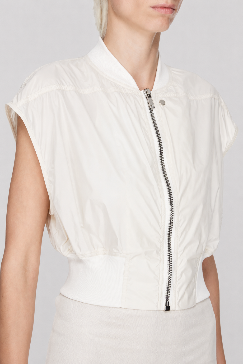 Rick Owens DRKSHDW Tatlin Bomber in cream woven fabric with sleeveless bomber construction